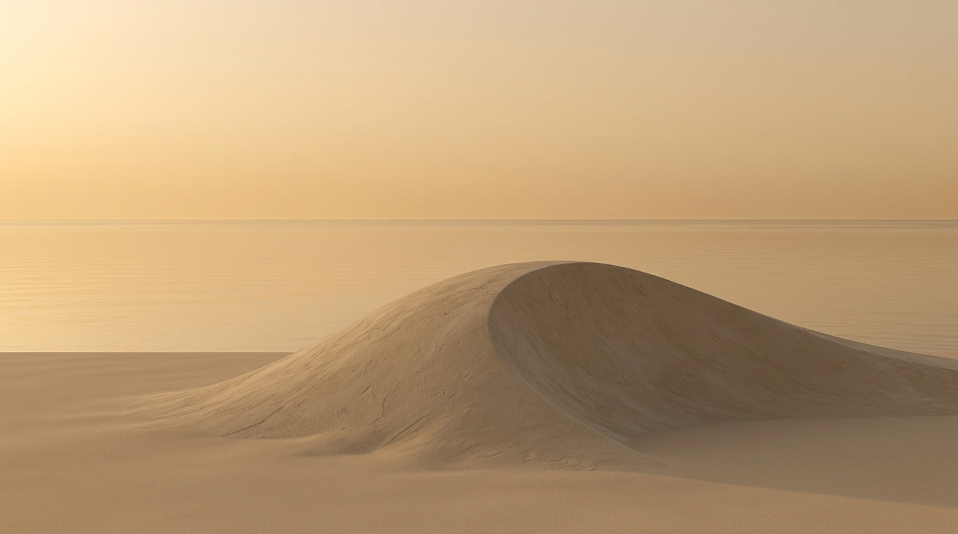 A low dune of pale sand at the edge of a still sea, at dusk.