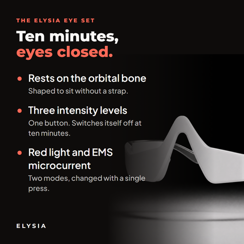 Ten minutes, eyes closed. Rests on the orbital bone, three intensity levels, red light and EMS microcurrent.