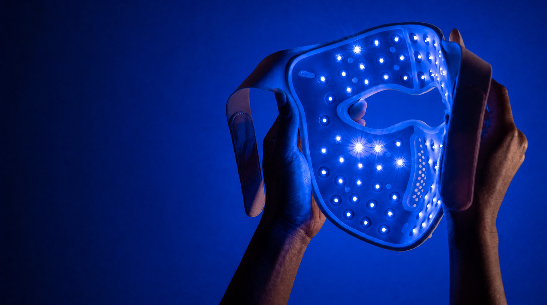 Helia held up with its blue light on, seen from the inside.