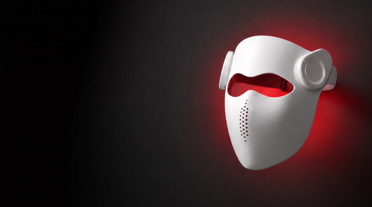The Helia mask in matte white against a dark ground, red light glowing behind it.