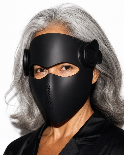 Helia in black worn by a woman in her 60s, studio portrait